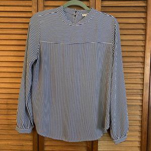 Loft Women's Long Sleeve Blue and White Striped Shirt with Button Detail Medium